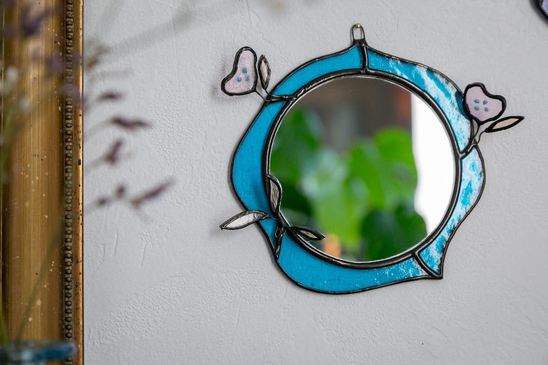 Petit Miroir Vertical en Vitrail Tiffany, 6 po., Motif Floral en Verre Fusionné