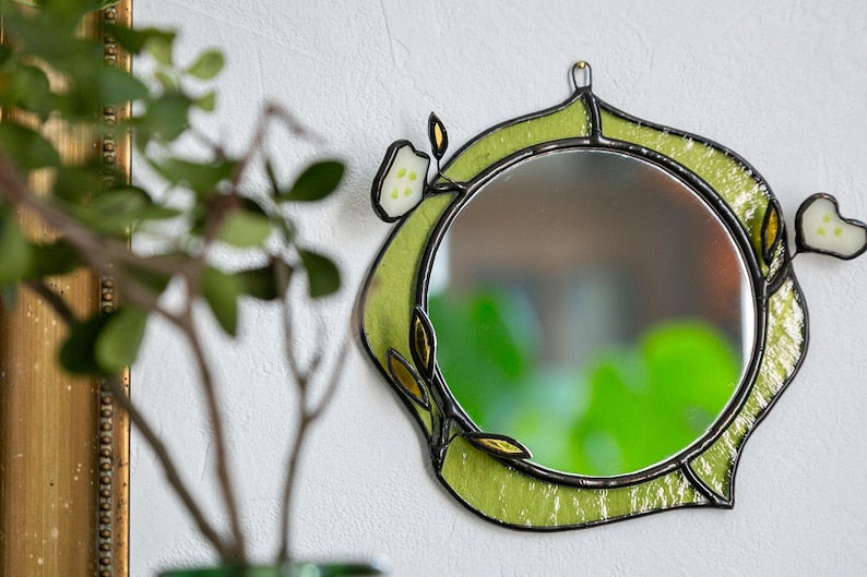 Petit Miroir Vertical en Vitrail Tiffany, 6 po., Motif Floral en Verre Fusionné