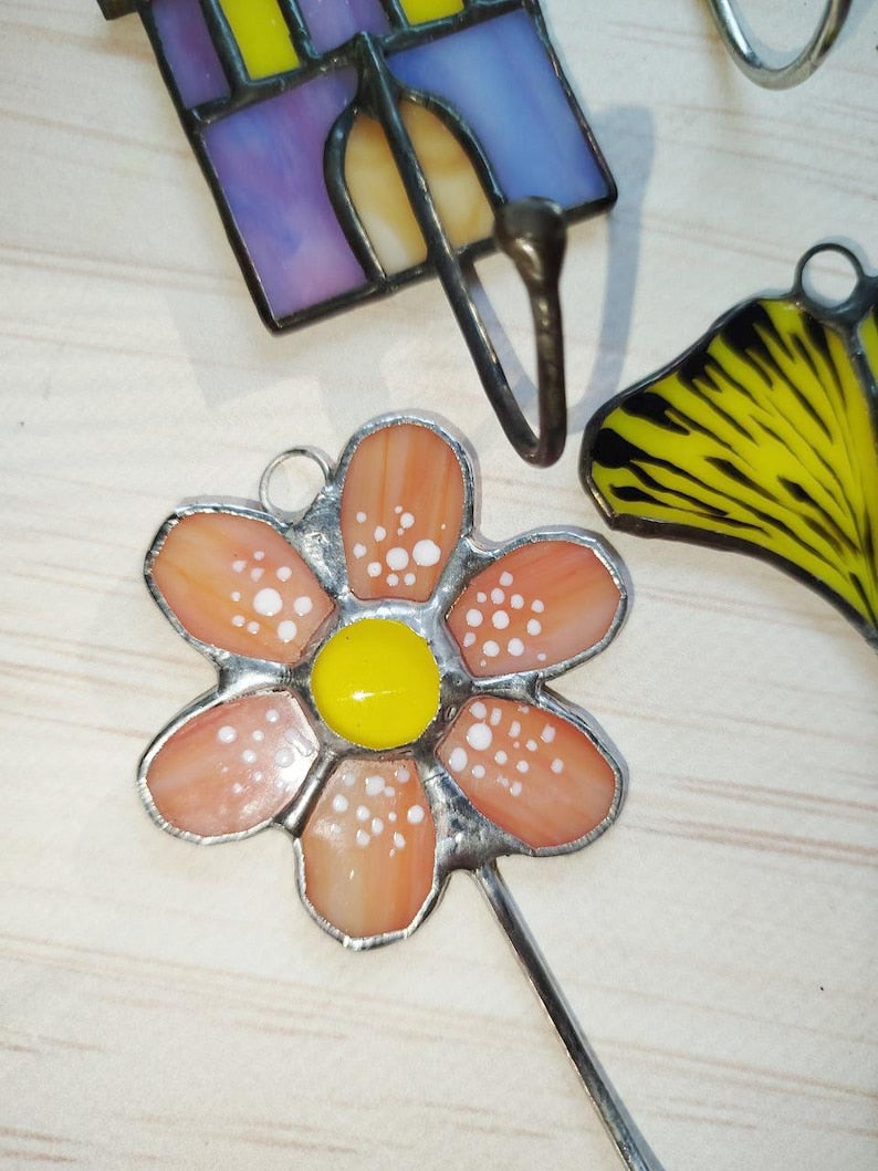 Porte-clés mural vitrail feuille de ginkgo 6,5x7 cm