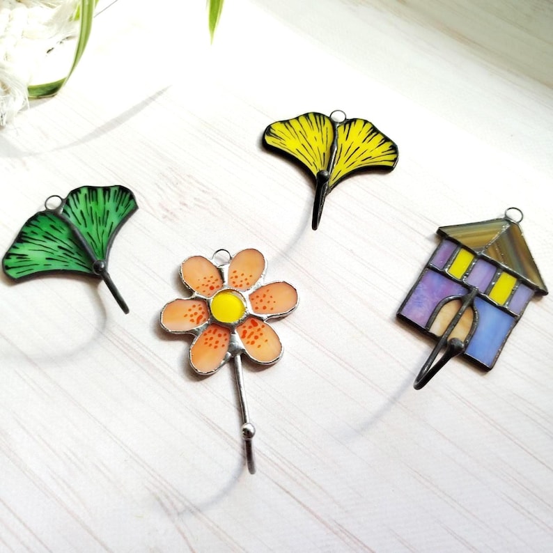 Porte-clés mural vitrail feuille de ginkgo 6,5x7 cm
