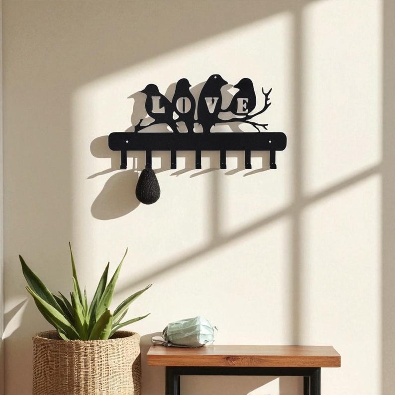 Porte-clés mural en métal oiseau noir mat, crochet décoratif pour entrée, cuisine