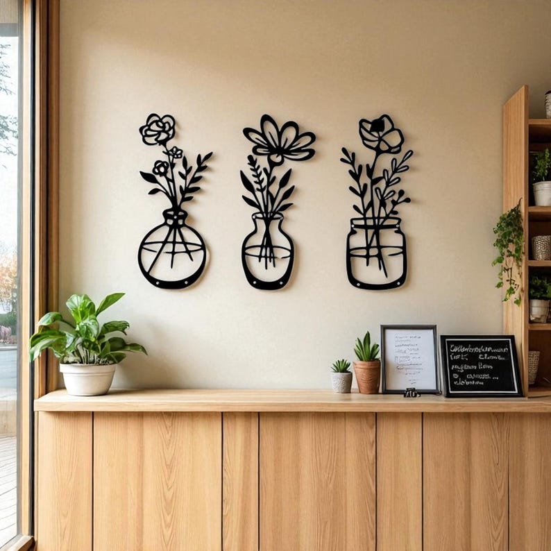 Vase mural en métal, décoration murale en fer, art mural vase de fleurs rustique, décoration d'intérieur pour salon ou entrée