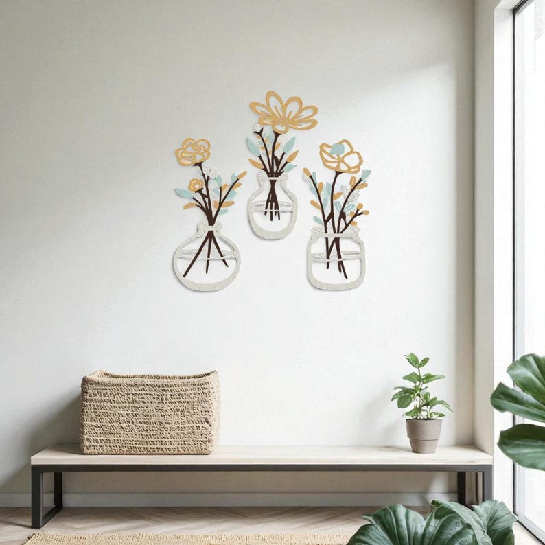 Vase mural en métal, décoration murale en fer, art mural vase de fleurs rustique, décoration d'intérieur pour salon ou entrée