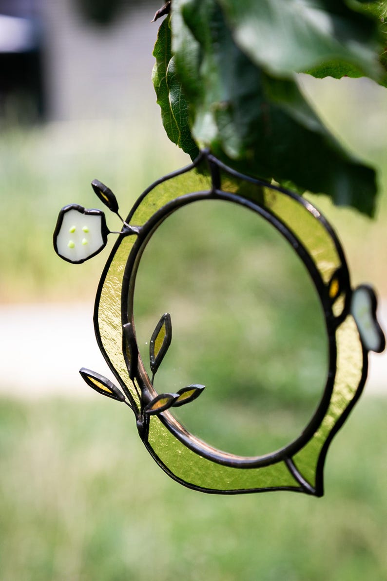 Petit Miroir Vertical en Vitrail Tiffany, 6 po., Motif Floral en Verre Fusionné