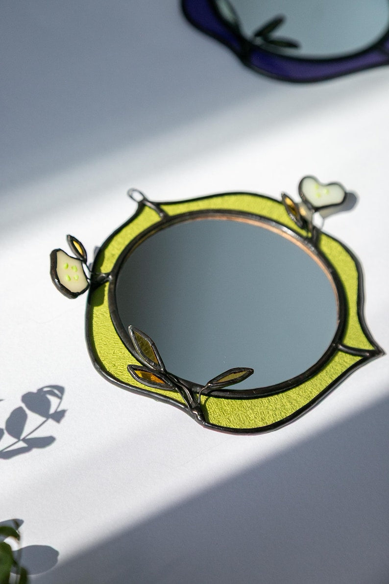 Petit Miroir Vertical en Vitrail Tiffany, 6 po., Motif Floral en Verre Fusionné