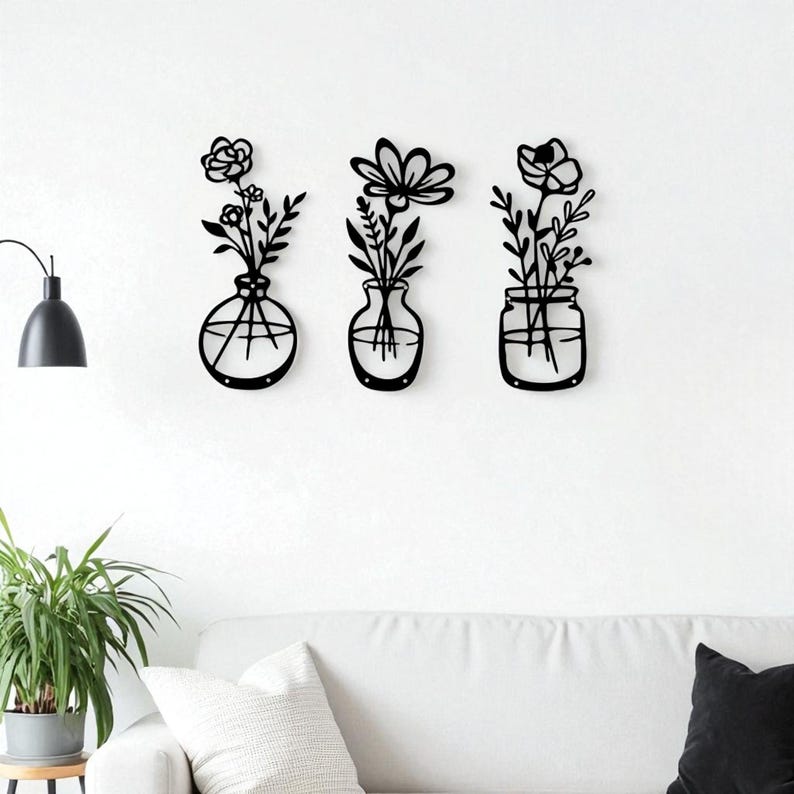 Vase mural en métal, décoration murale en fer, art mural vase de fleurs rustique, décoration d'intérieur pour salon ou entrée
