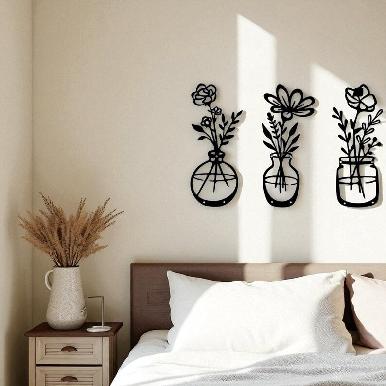 Vase mural en métal, décoration murale en fer, art mural vase de fleurs rustique, décoration d'intérieur pour salon ou entrée