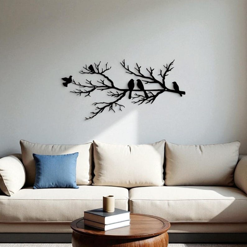 Décoration murale oiseaux en métal sur branche, 45 cm, noir mat