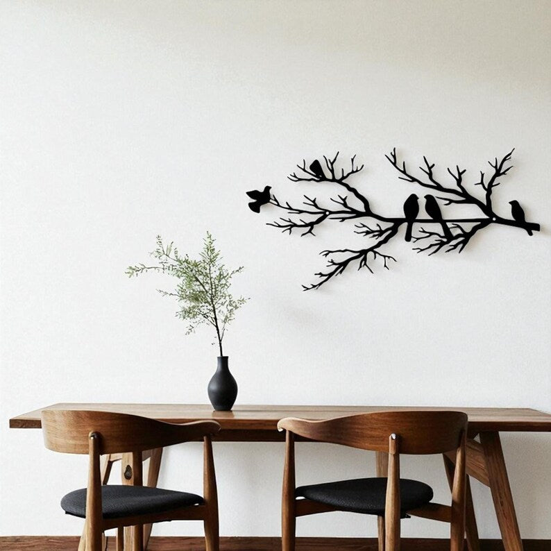 Décoration murale oiseaux en métal sur branche, 45 cm, noir mat