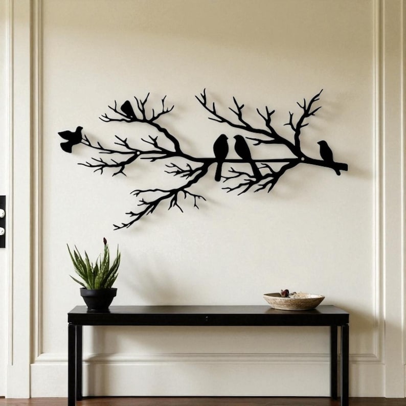 Décoration murale oiseaux en métal sur branche, 45 cm, noir mat