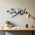 Décoration murale oiseaux en métal sur branche, 45 cm, noir mat