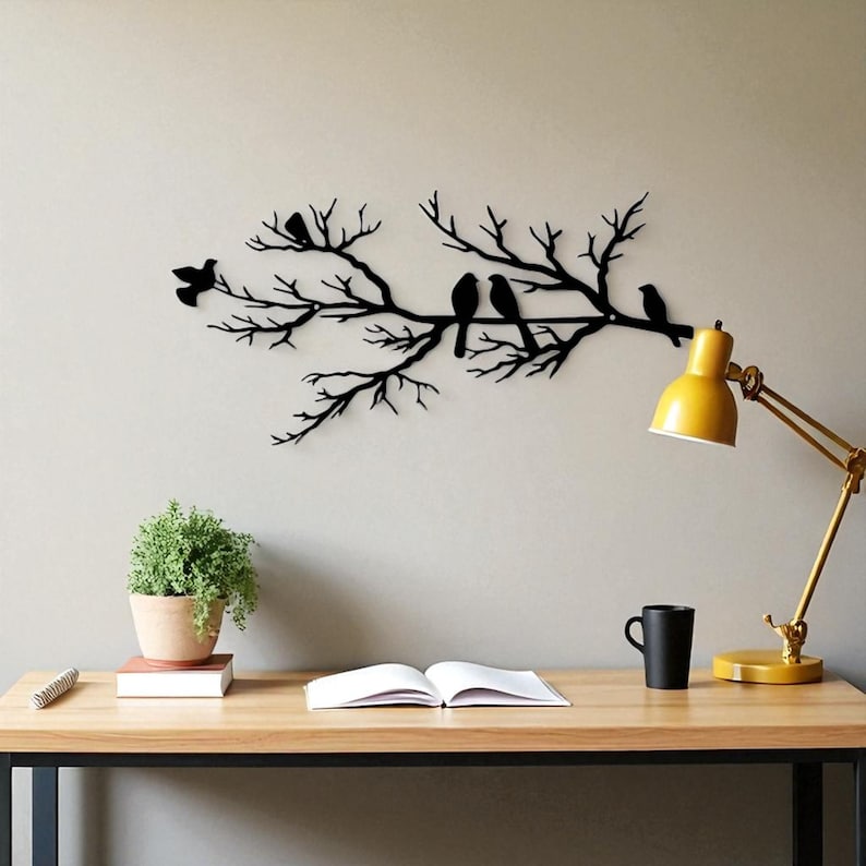 Décoration murale oiseaux en métal sur branche, 45 cm, noir mat