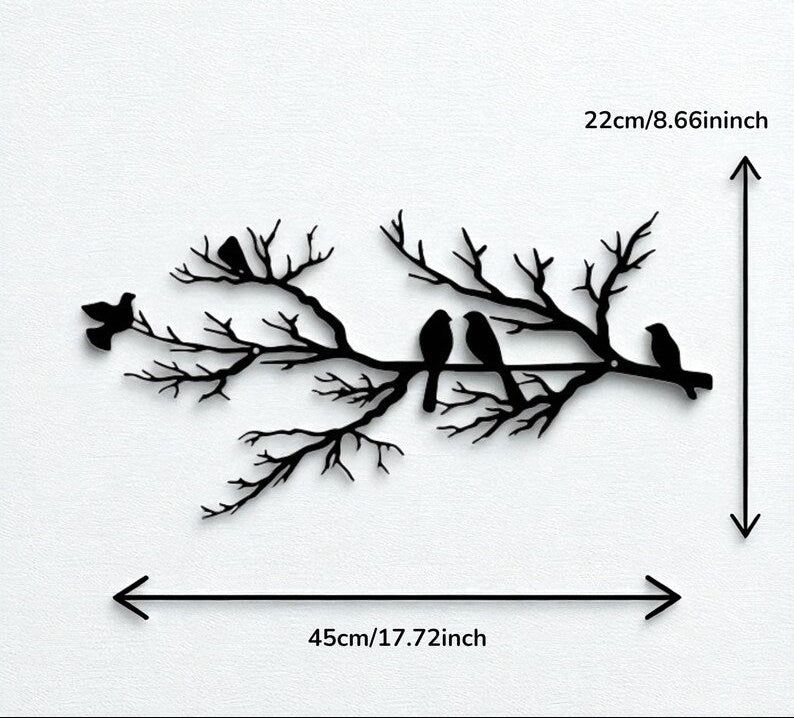 Décoration murale oiseaux en métal sur branche, 45 cm, noir mat