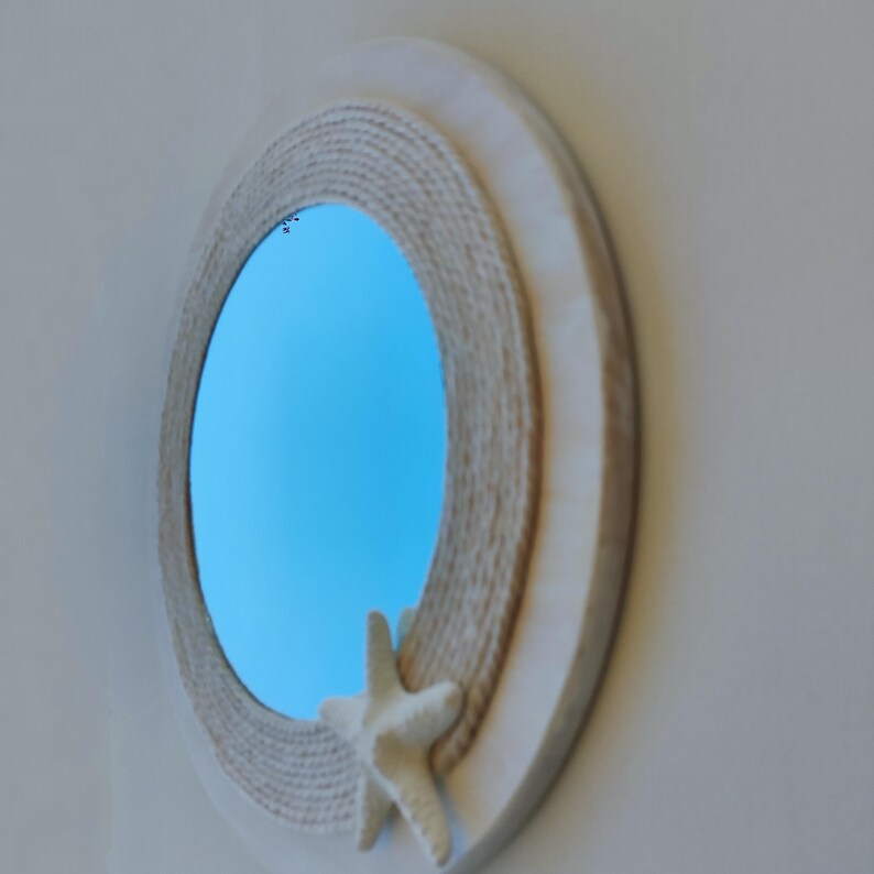 Miroir rond artisanal en bois naturel de style côtier avec étoile de mer, décoration nautique 39 cm