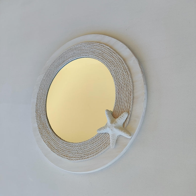 Miroir rond artisanal en bois naturel de style côtier avec étoile de mer, décoration nautique 39 cm