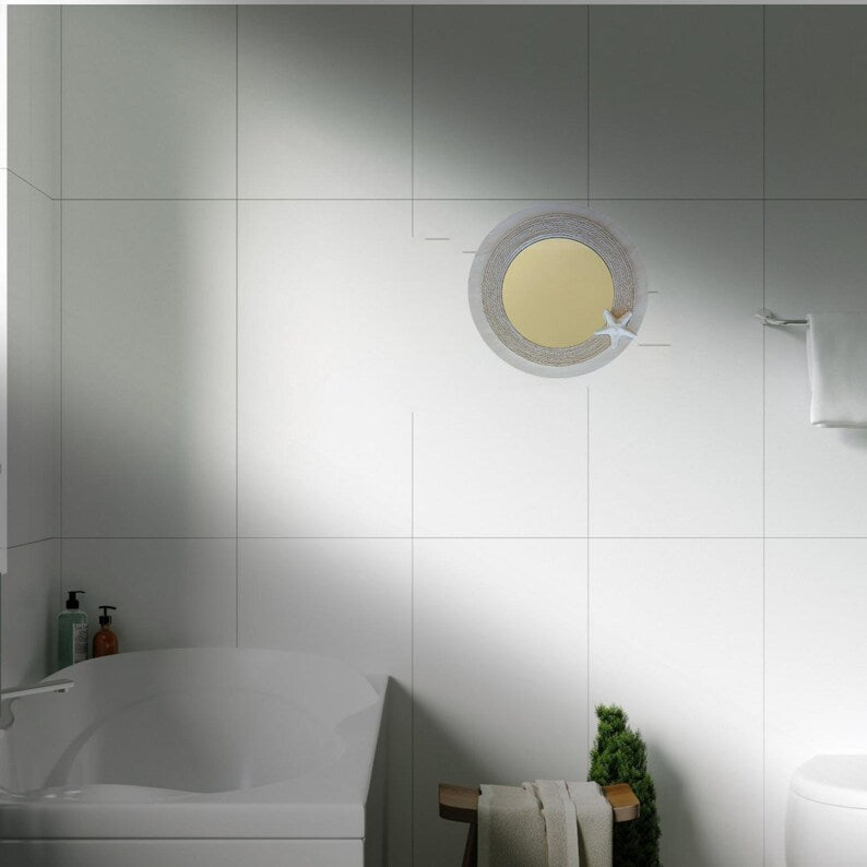 Miroir rond artisanal en bois naturel de style côtier avec étoile de mer, décoration nautique 39 cm