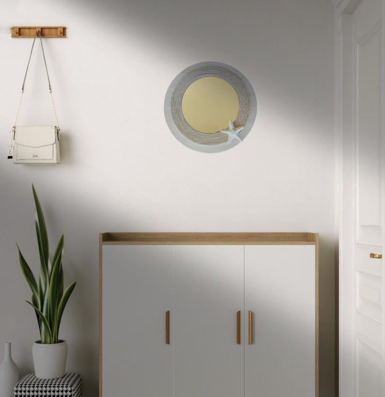 Miroir rond artisanal en bois naturel de style côtier avec étoile de mer, décoration nautique 39 cm