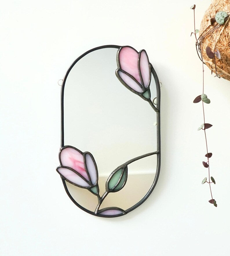 Miroir en vitrail Tiffany Fleur de magnolia, Décoration murale, 13,5 x 21 cm