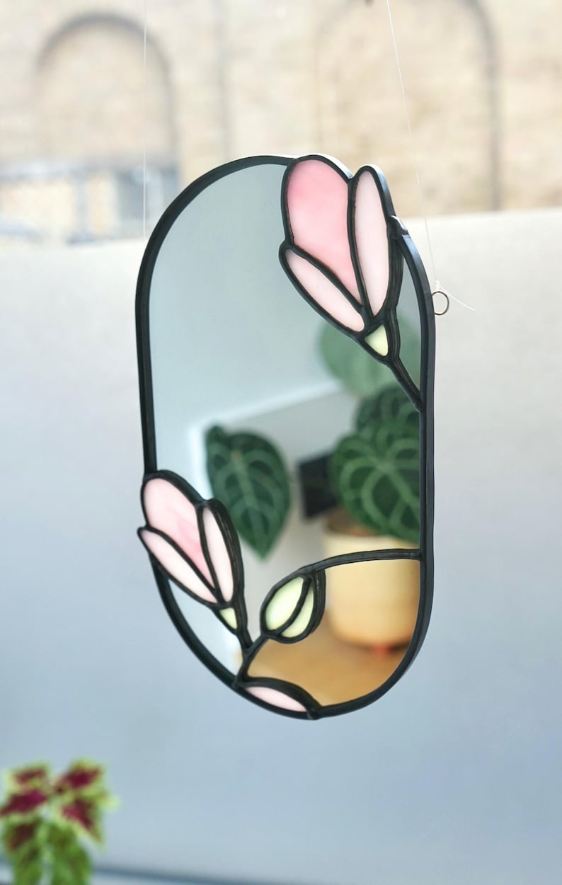 Miroir en vitrail Tiffany Fleur de magnolia, Décoration murale, 13,5 x 21 cm