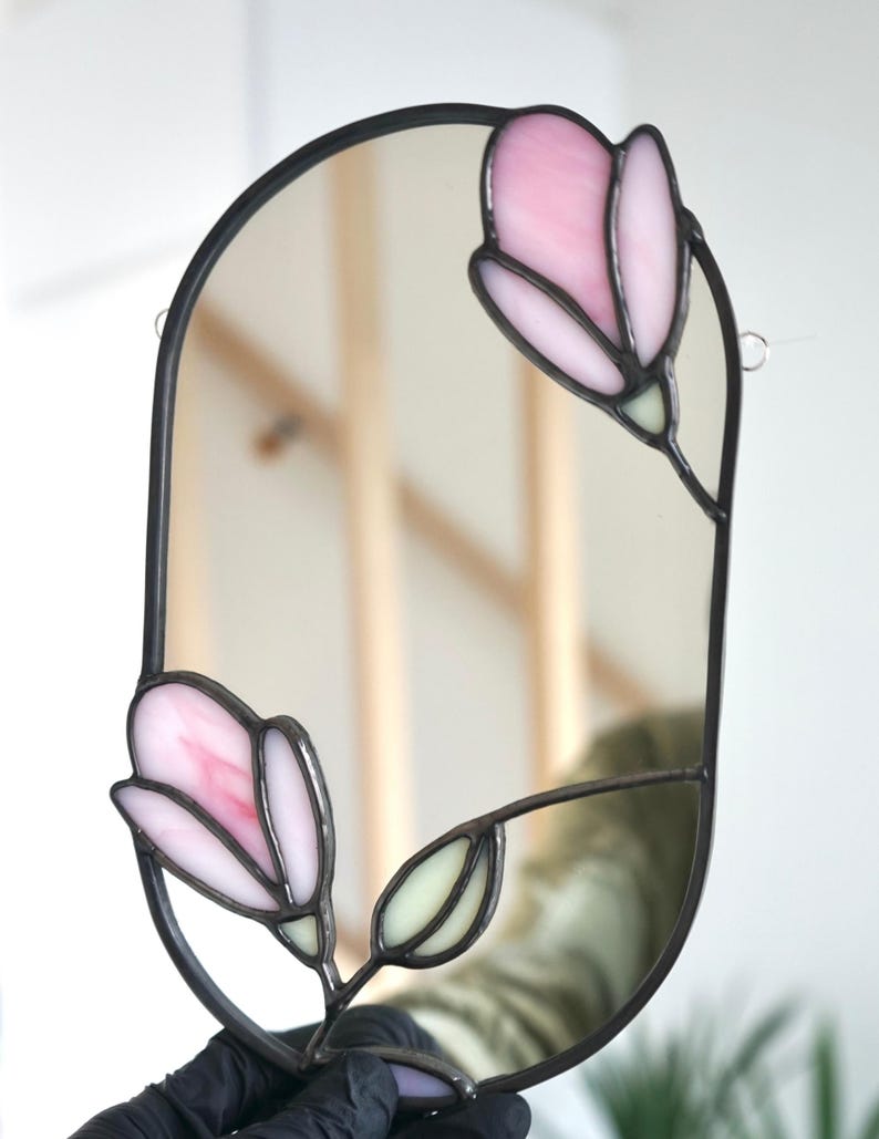 Miroir en vitrail Tiffany Fleur de magnolia, Décoration murale, 13,5 x 21 cm