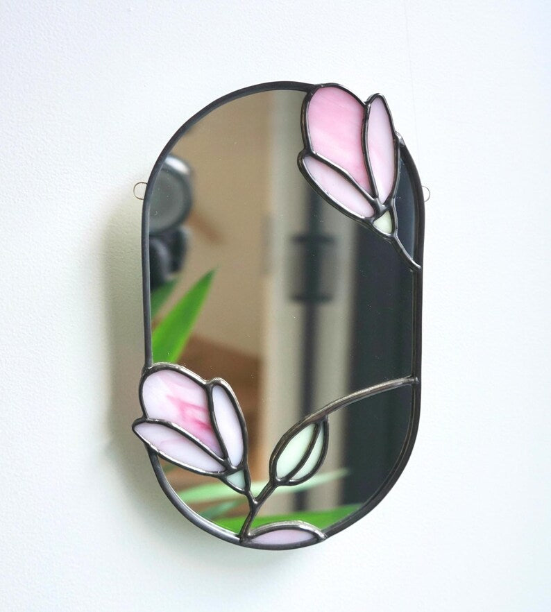 Miroir en vitrail Tiffany Fleur de magnolia, Décoration murale, 13,5 x 21 cm