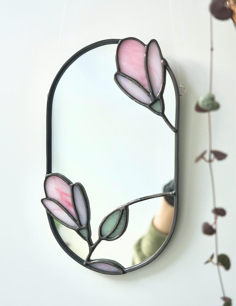 Miroir en vitrail Tiffany Fleur de magnolia, Décoration murale, 13,5 x 21 cm