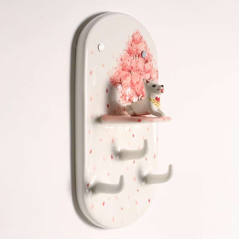 Porte-clés mural en céramique avec fleurs de cerisier, crochets muraux, ornement floral Sakura, inclut figurine Shiba Inu amovible
