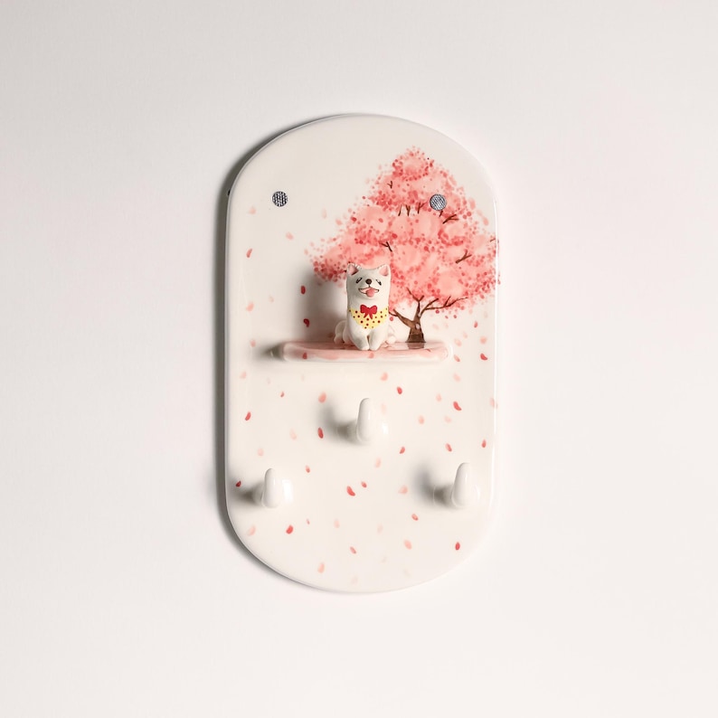 Porte-clés mural en céramique avec fleurs de cerisier, crochets muraux, ornement floral Sakura, inclut figurine Shiba Inu amovible