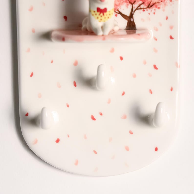 Porte-clés mural en céramique avec fleurs de cerisier, crochets muraux, ornement floral Sakura, inclut figurine Shiba Inu amovible