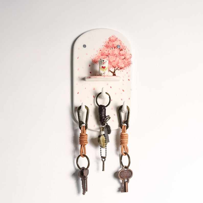 Porte-clés mural en céramique avec fleurs de cerisier, crochets muraux, ornement floral Sakura, inclut figurine Shiba Inu amovible