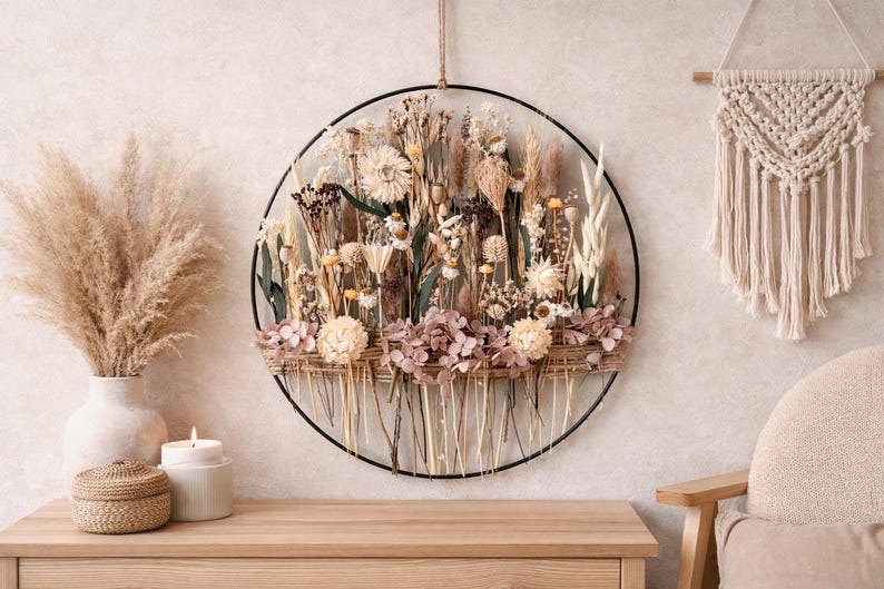 Cercle de Fleurs Sauvages Préservées et Séchées – Décoration Murale Bohème Rustique
