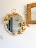 Miroir mural bohème en rotin avec fleurs séchées beige et blanc, 38 cm