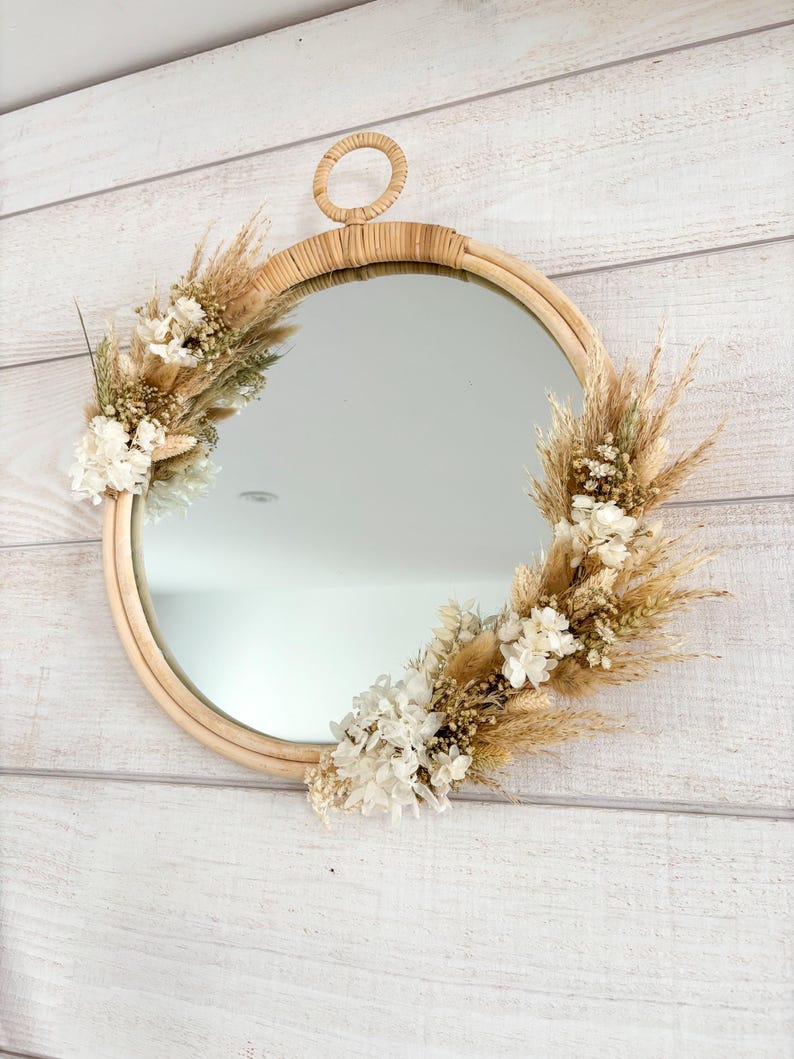 Miroir mural bohème en rotin avec fleurs séchées beige et blanc, 38 cm
