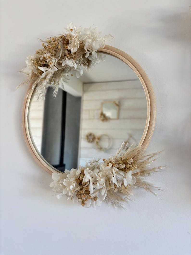Miroir en rotin avec fleurs séchées, décoration murale bohème, 30 cm