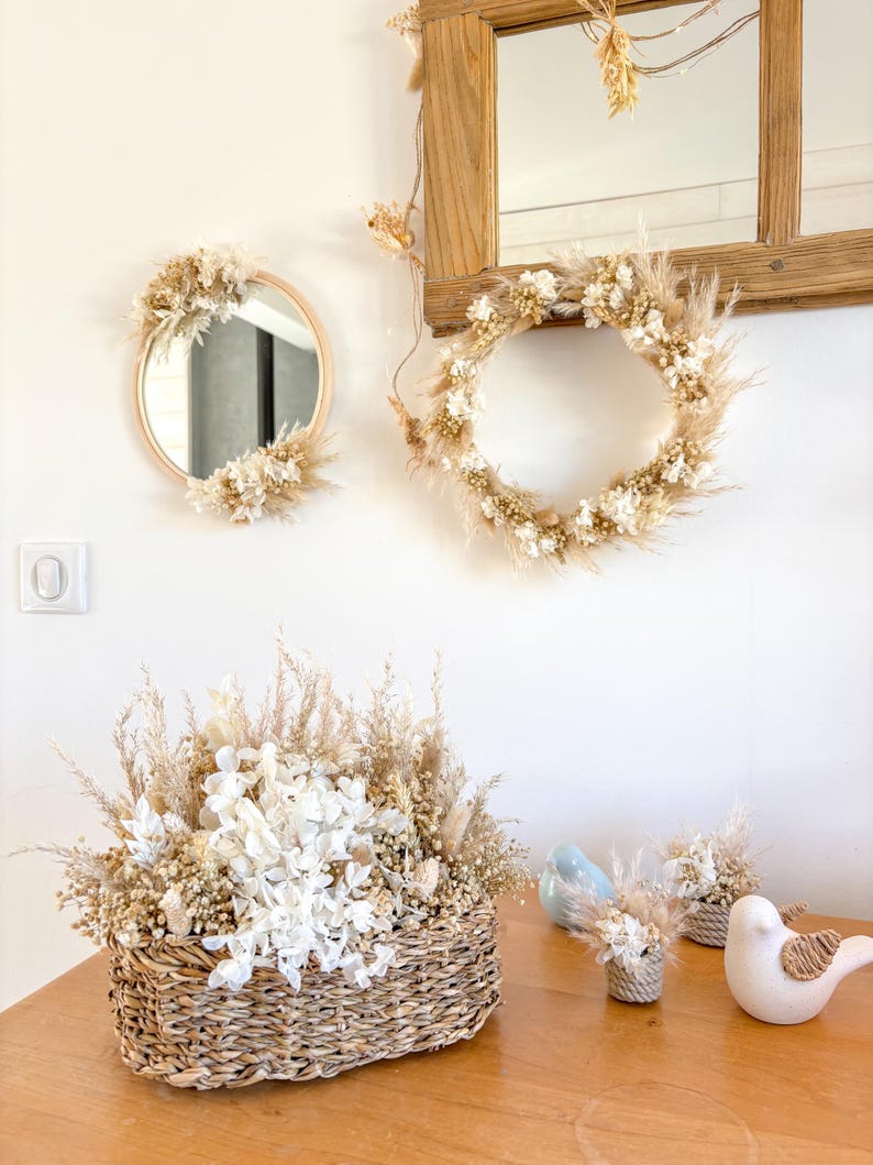 Miroir en rotin avec fleurs séchées, décoration murale bohème, 30 cm