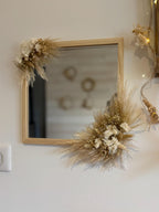 Miroir carré en bois avec fleurs séchées, décoration murale bohème