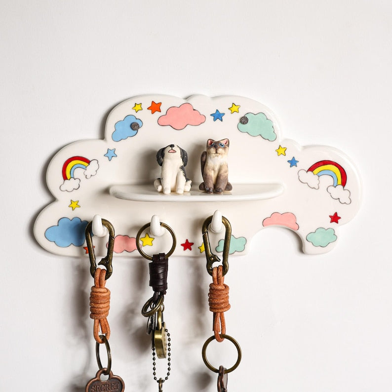 Porte-clés Arc-en-ciel Nuage Lunatique Portrait d'Animal 3D Chien Chat Crochet Mural Peint à la Main Céramique