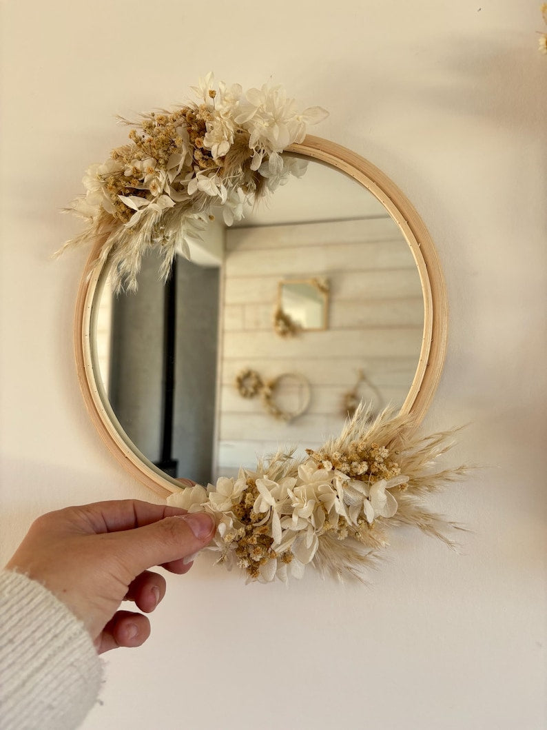 Miroir en rotin avec fleurs séchées, décoration murale bohème, 30 cm
