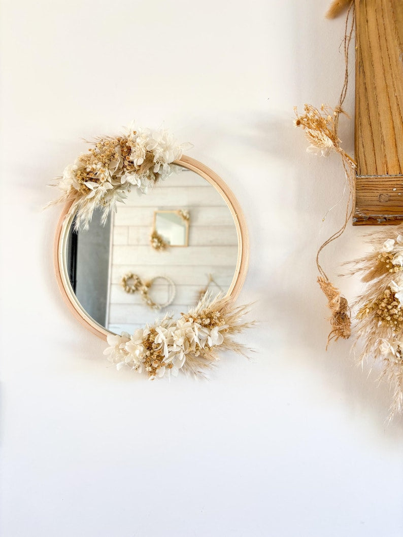 Miroir en rotin avec fleurs séchées, décoration murale bohème, 30 cm