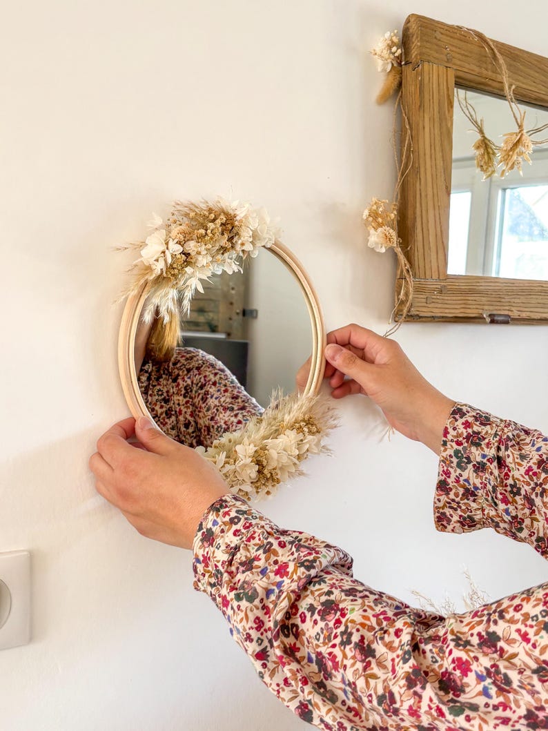 Miroir en rotin avec fleurs séchées, décoration murale bohème, 30 cm