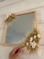 Miroir carré en bois avec fleurs séchées, décoration murale bohème