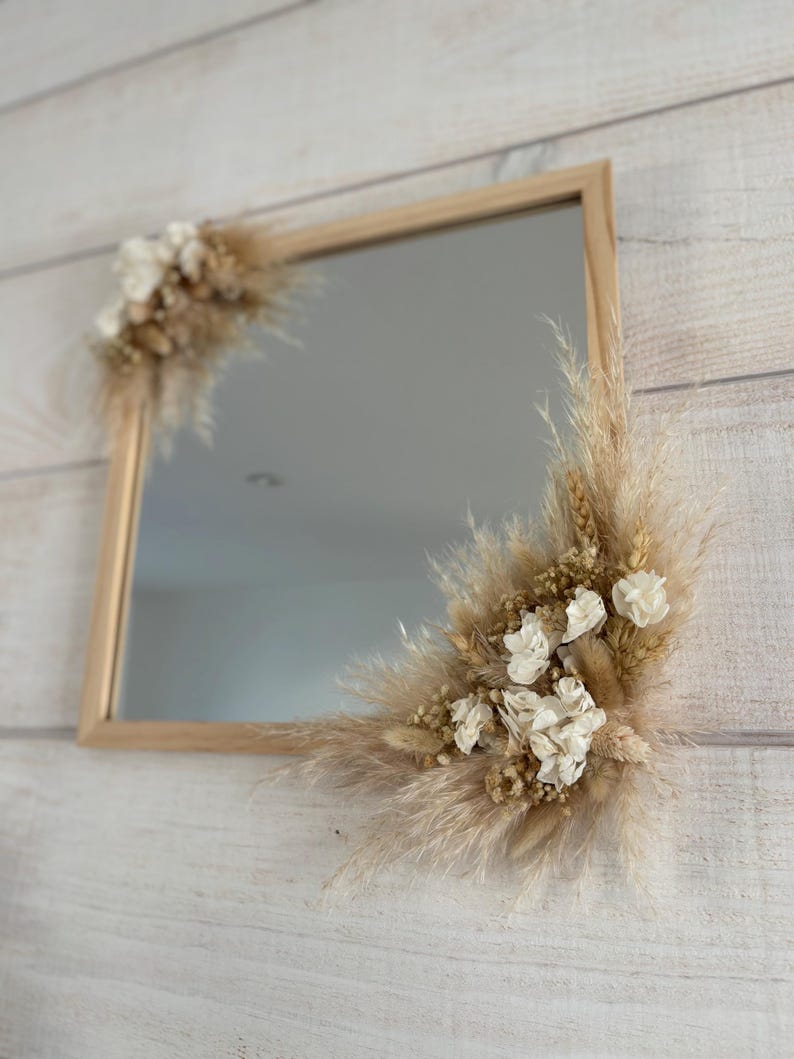 Miroir carré en bois avec fleurs séchées, décoration murale bohème