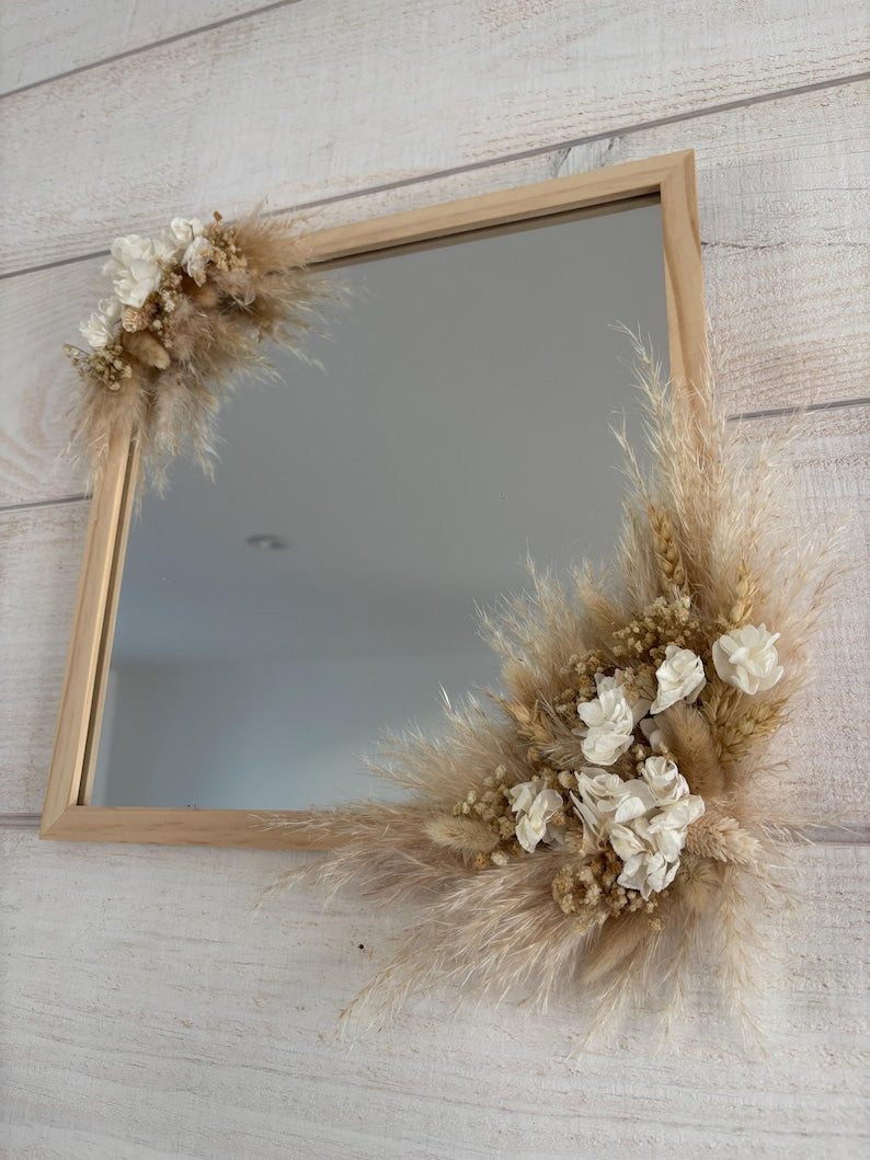 Miroir carré en bois avec fleurs séchées, décoration murale bohème