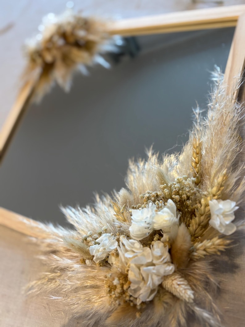 Miroir carré en bois avec fleurs séchées, décoration murale bohème