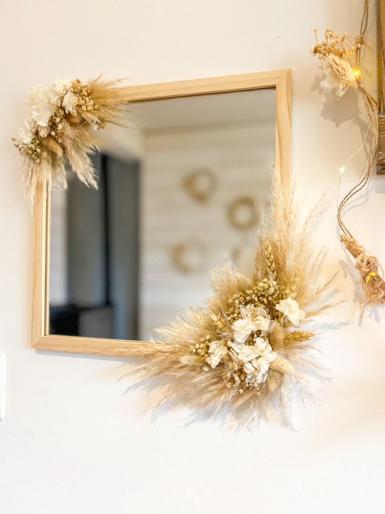 Miroir carré en bois avec fleurs séchées, décoration murale bohème