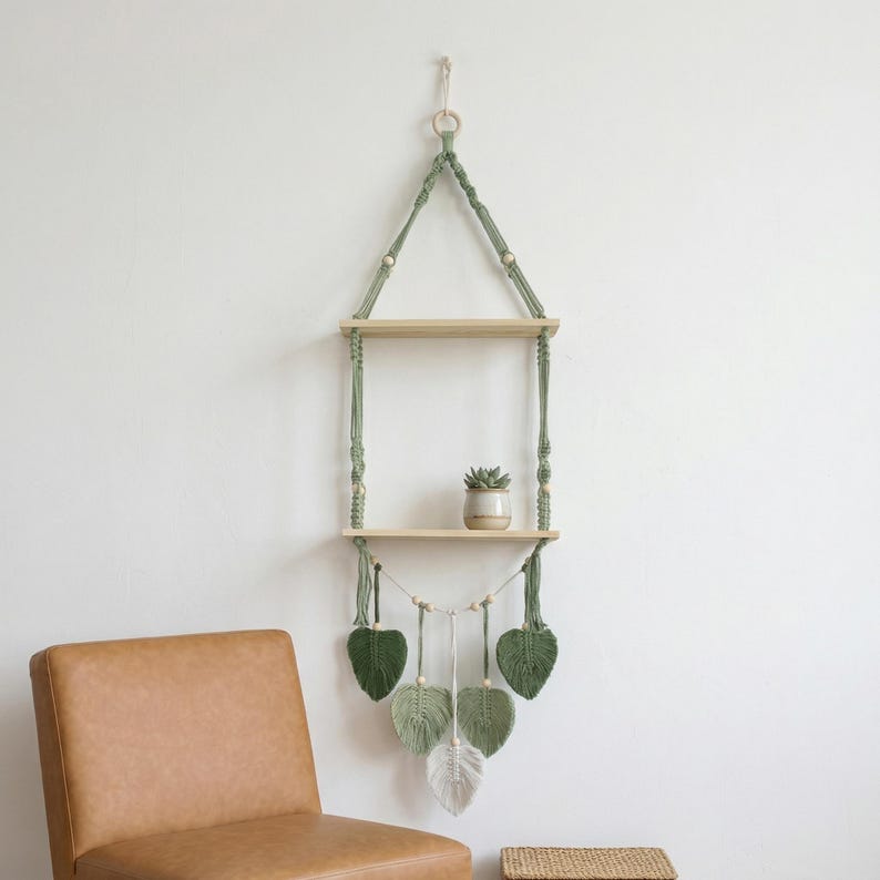Étagère murale bohème en macramé, décoration murale tissée avec étagère en bois, organisateur rustique pour salon