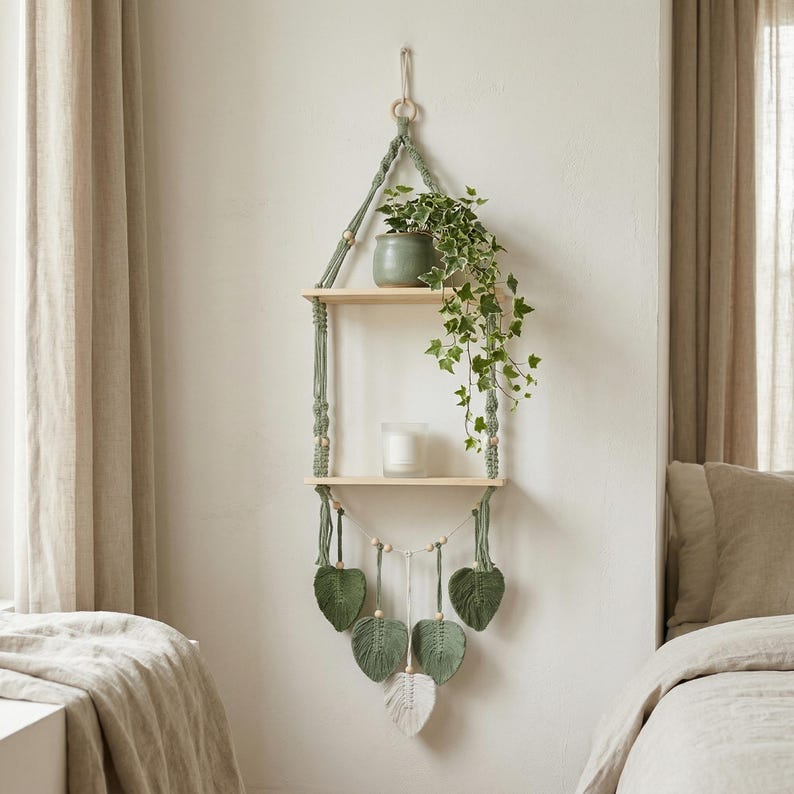 Étagère murale bohème en macramé, décoration murale tissée avec étagère en bois, organisateur rustique pour salon