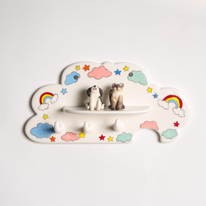 Porte-clés Arc-en-ciel Nuage Lunatique Portrait d'Animal 3D Chien Chat Crochet Mural Peint à la Main Céramique