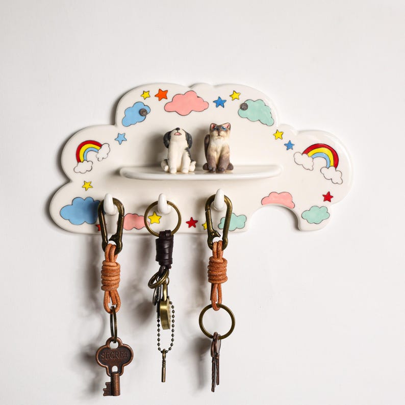 Porte-clés Arc-en-ciel Nuage Lunatique Portrait d'Animal 3D Chien Chat Crochet Mural Peint à la Main Céramique