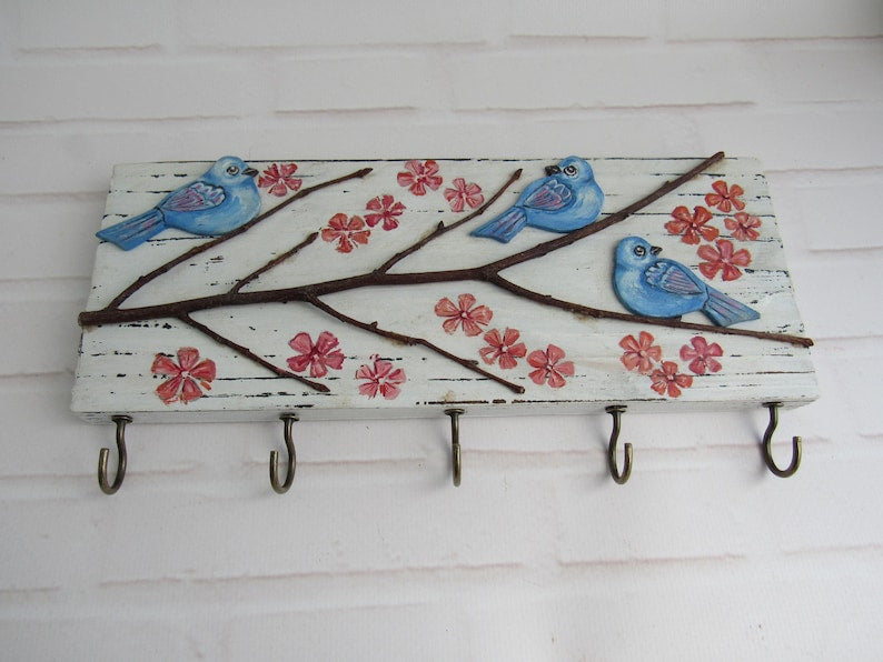 Porte-clés mural en bois avec oiseaux et fleurs de cerisier, 5 crochets, 25 x 10 cm